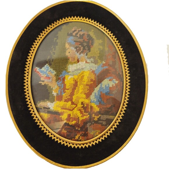 Vintage Handmade Needlepoint Portrait Oval Velvet And Brass Ormolu Wood Frame - Picture 1 of 5